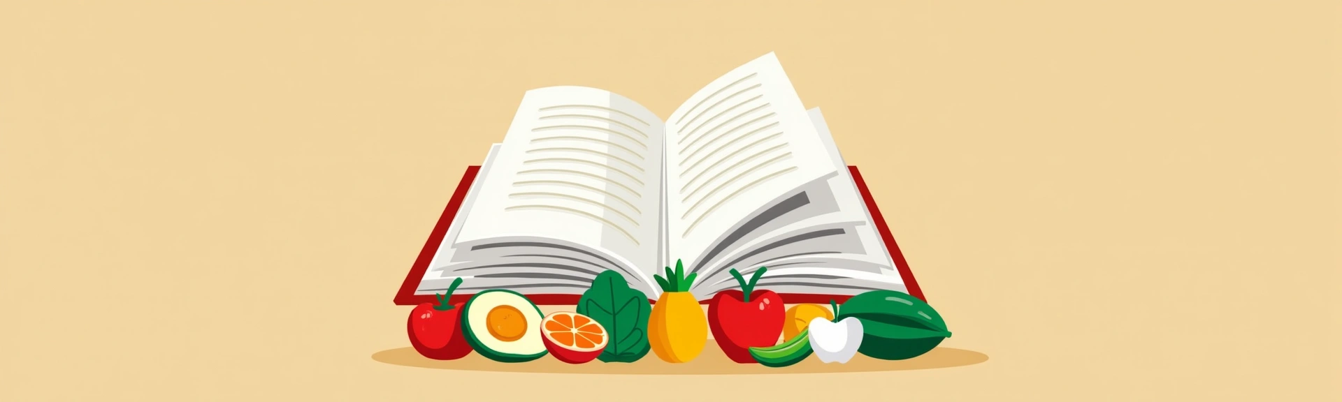 An open book surrounded by healthy food items like fresh fruits, vegetables, nuts, and a glass of water, symbolizing knowledge and nutrition.